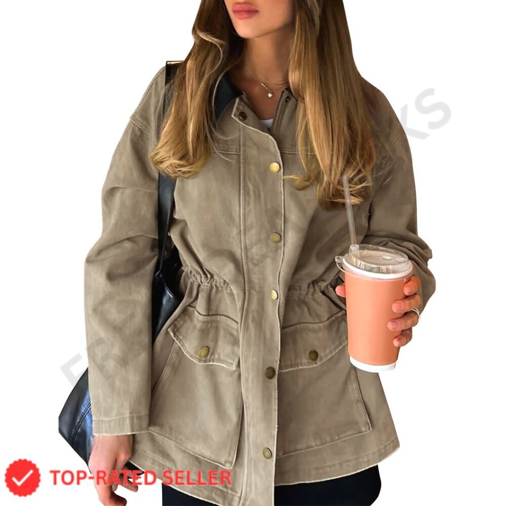 Utility Barn Jacket Zip Up Drawstring Waist Casual Workwear Style Jacket